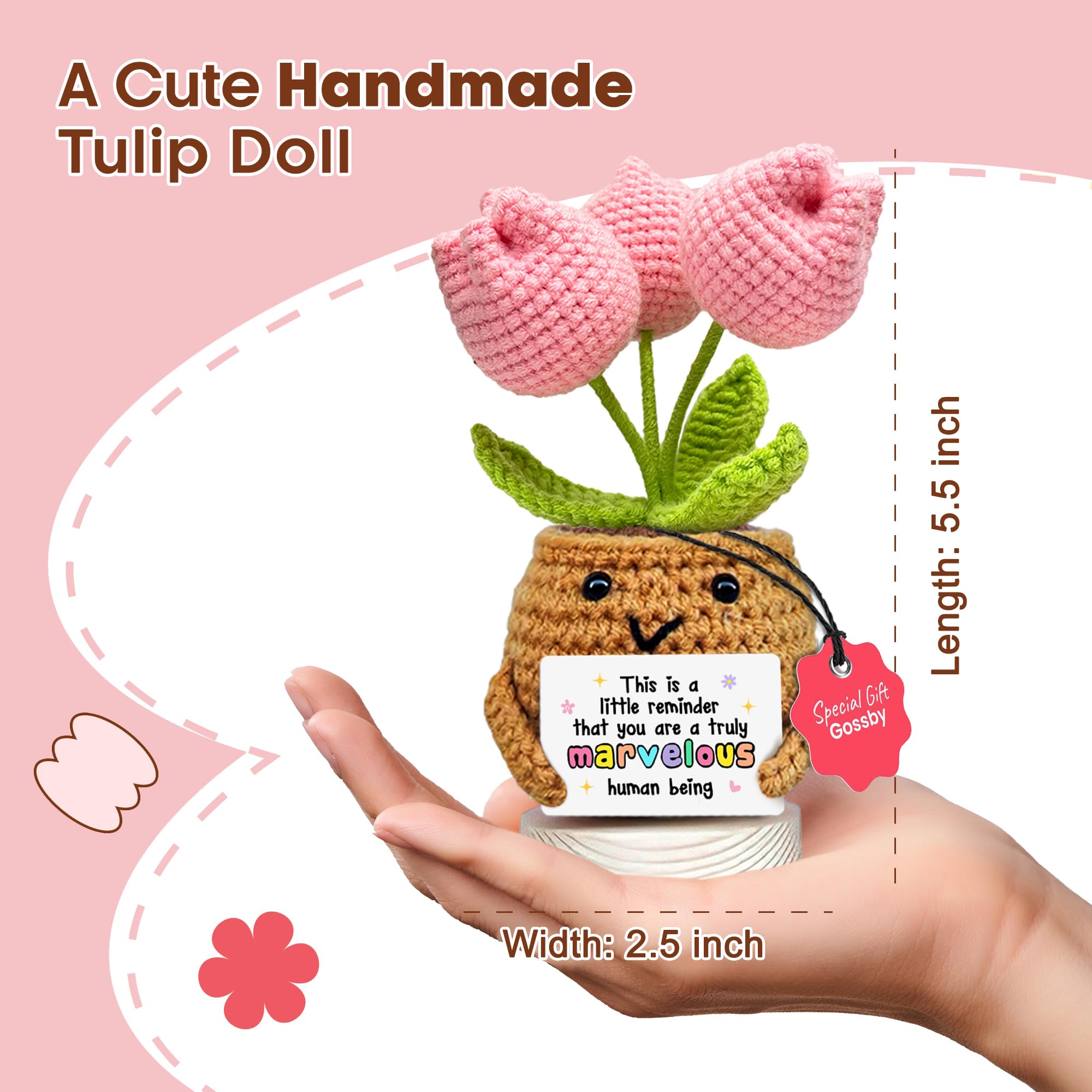 Gossby Handmade Positive Tulip Flower Crochet - This is A Little Reminder - Inspirational Gift for Women - Thank You, Appreciation, Positive Gift for Teacher, Mom, Friend, Coworker - Knitted Decor