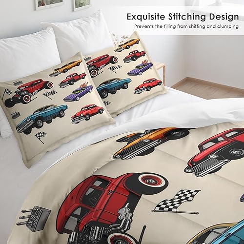 Miniatura 4 de Juego de edredón tamaño matrimonial, ropa de cama de 3 piezas de camión vintage para niños y adultos, juego de edredón de autos clásicos con funda