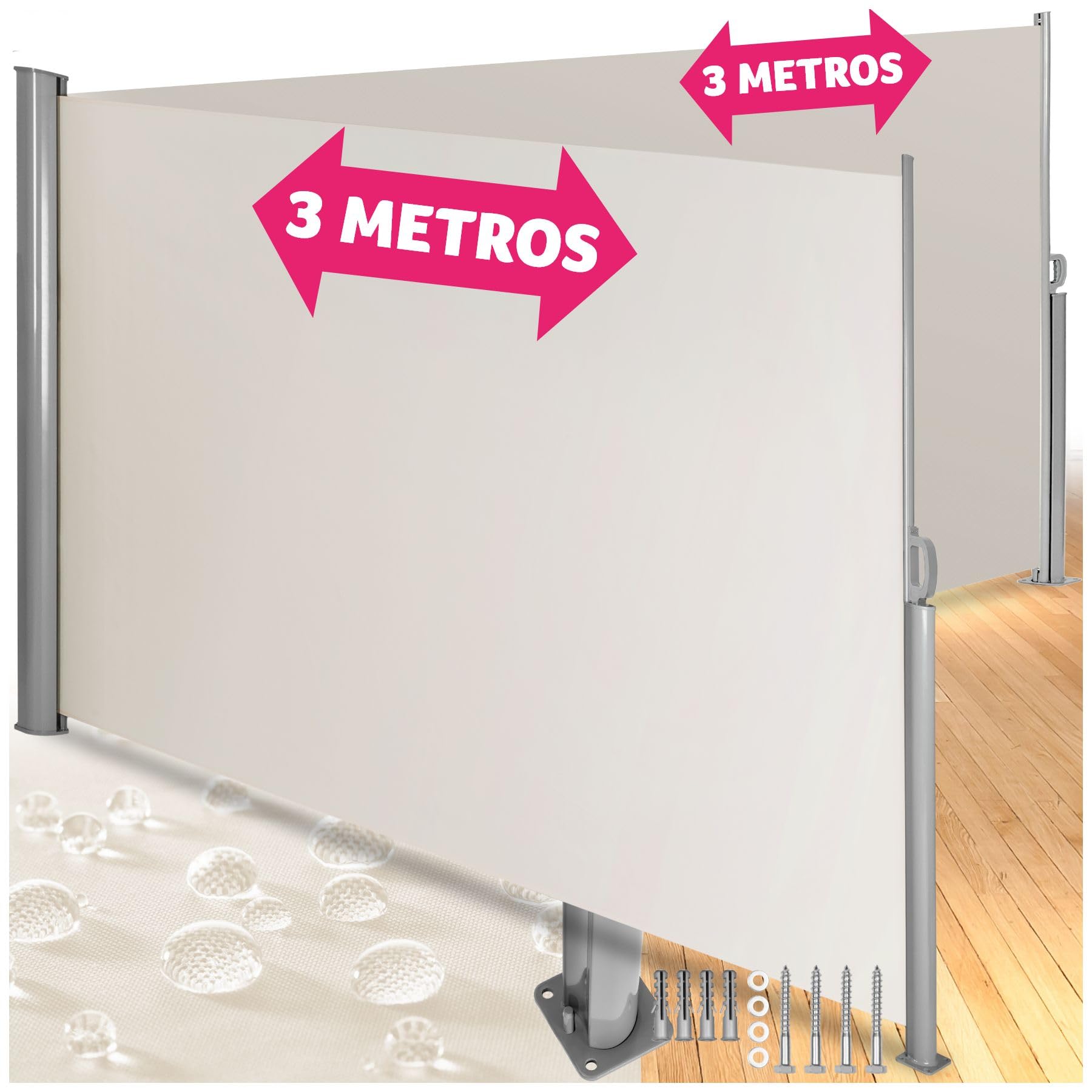 tectake® Toldo Lateral Retráctil, Separador de Ambientes Exterior, Tela Toldo Impermeable 220g/m², Protección Solar, Viento, Privacidad, Toldos Exterior Terraza, Biombo Exterior - 200x600 cm Beige