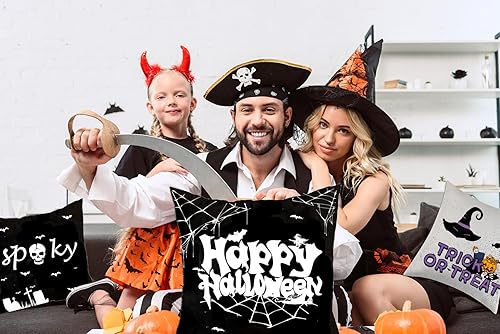 Miniatura 6 de Juego de 4 fundas de almohada de Halloween de 18 x 18 pulgadas para decoración de Halloween, decoración de interiores y exteriores, suministros de