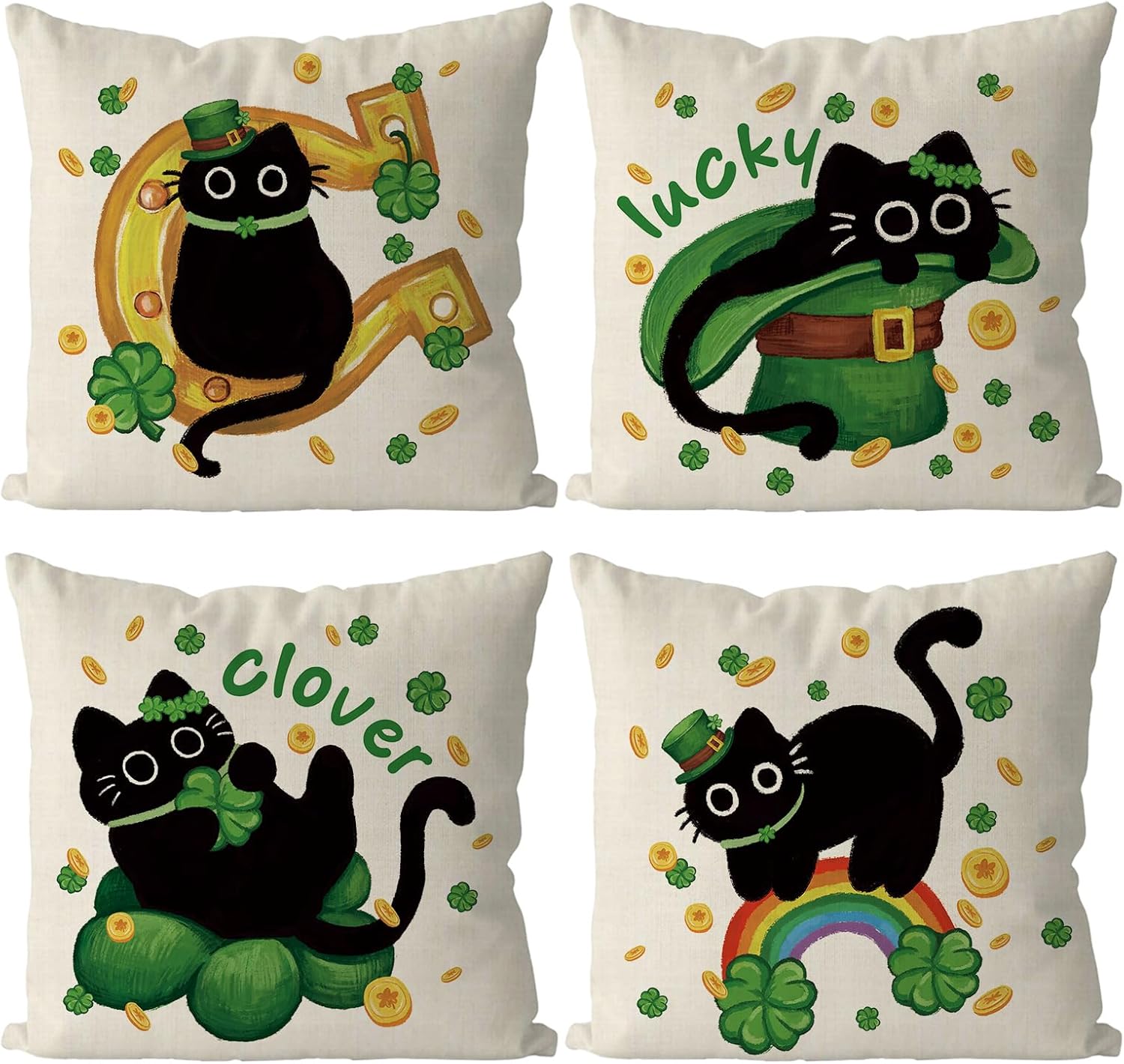 St Patricks Day Pillow Covers 18x18 Inch Set of 4 Black Cat Decor Throw Pillowcase Happy St. Patrick's Day Cushion Case for Home Sofa Living Room Decor