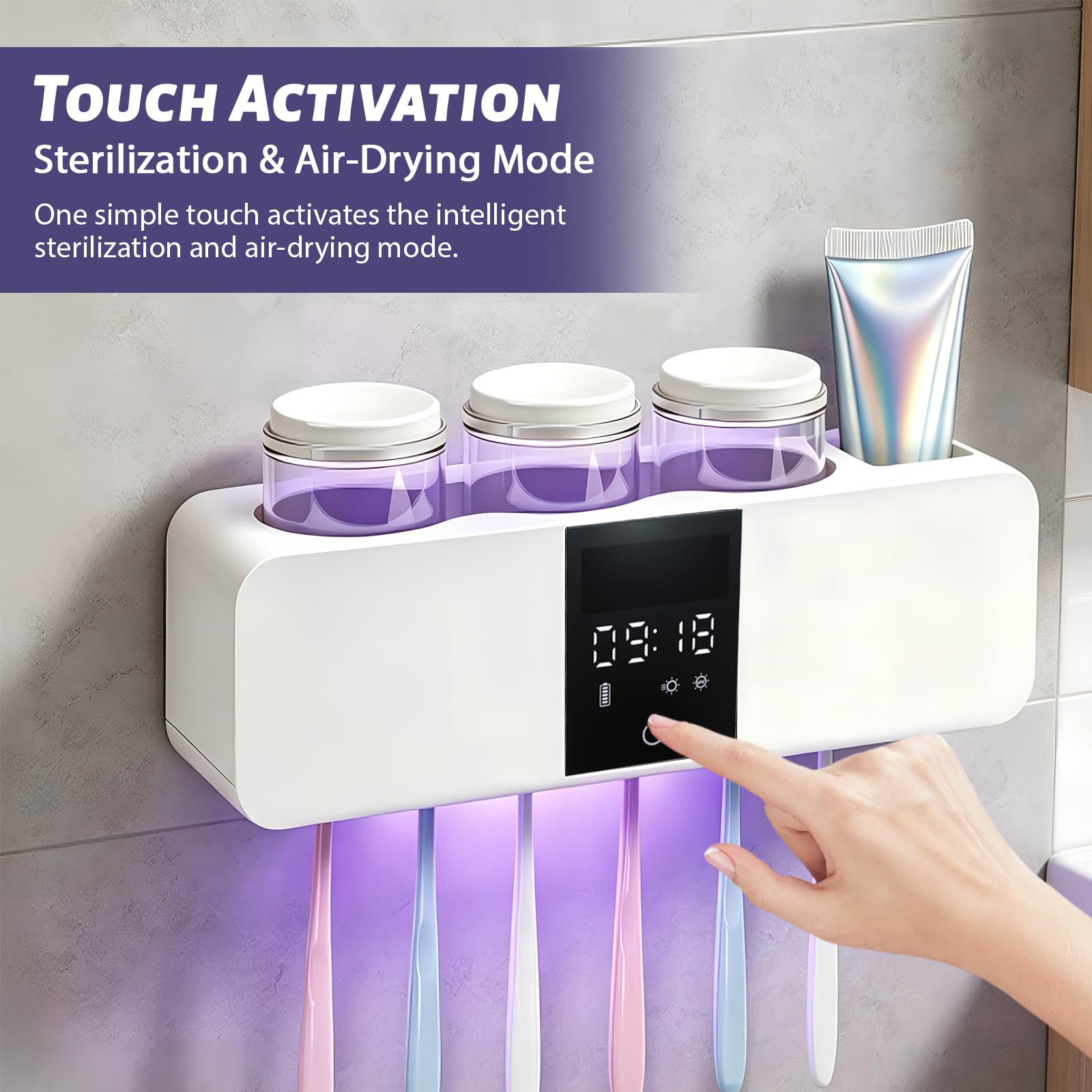 Sterilizzatore Portaspazzolino UV, Supporto per Spazzolini da Denti a Parete Porta Elettrico con Asciugatura e Disinfezione Portaspazzolino da Parete Senza Foratura con 6 slot e 3 tazze，Bianco