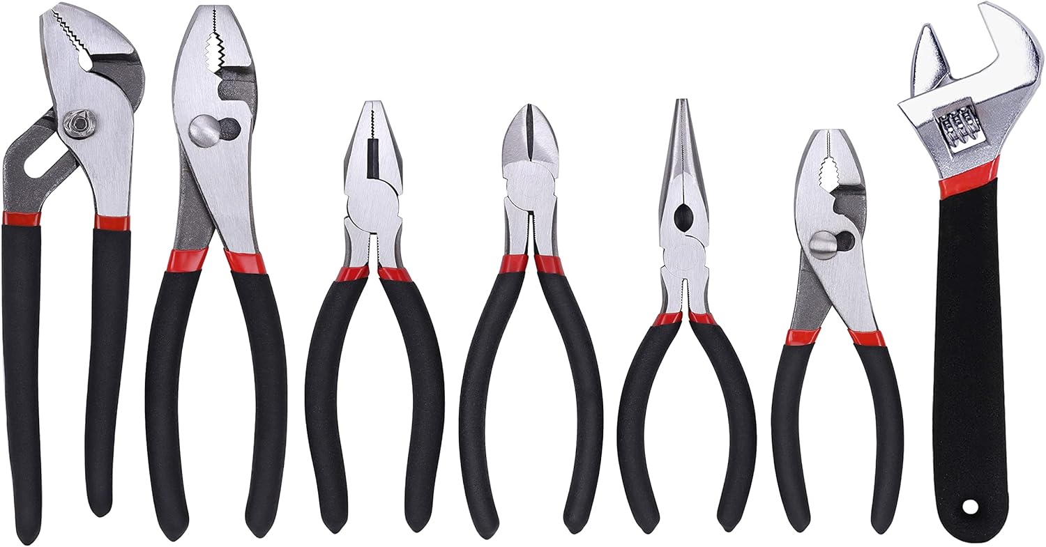 FASTPRO 7-Piece Utility Pliers and Wrench Set, Includes 8″ Adjustable Wrench, 8″ Groove Joint, 8″ & 6″ Slip Joint, 6″ Long Nose, 6″ Diagonal and 6″ Linesman Pliers, Dipped Handle
