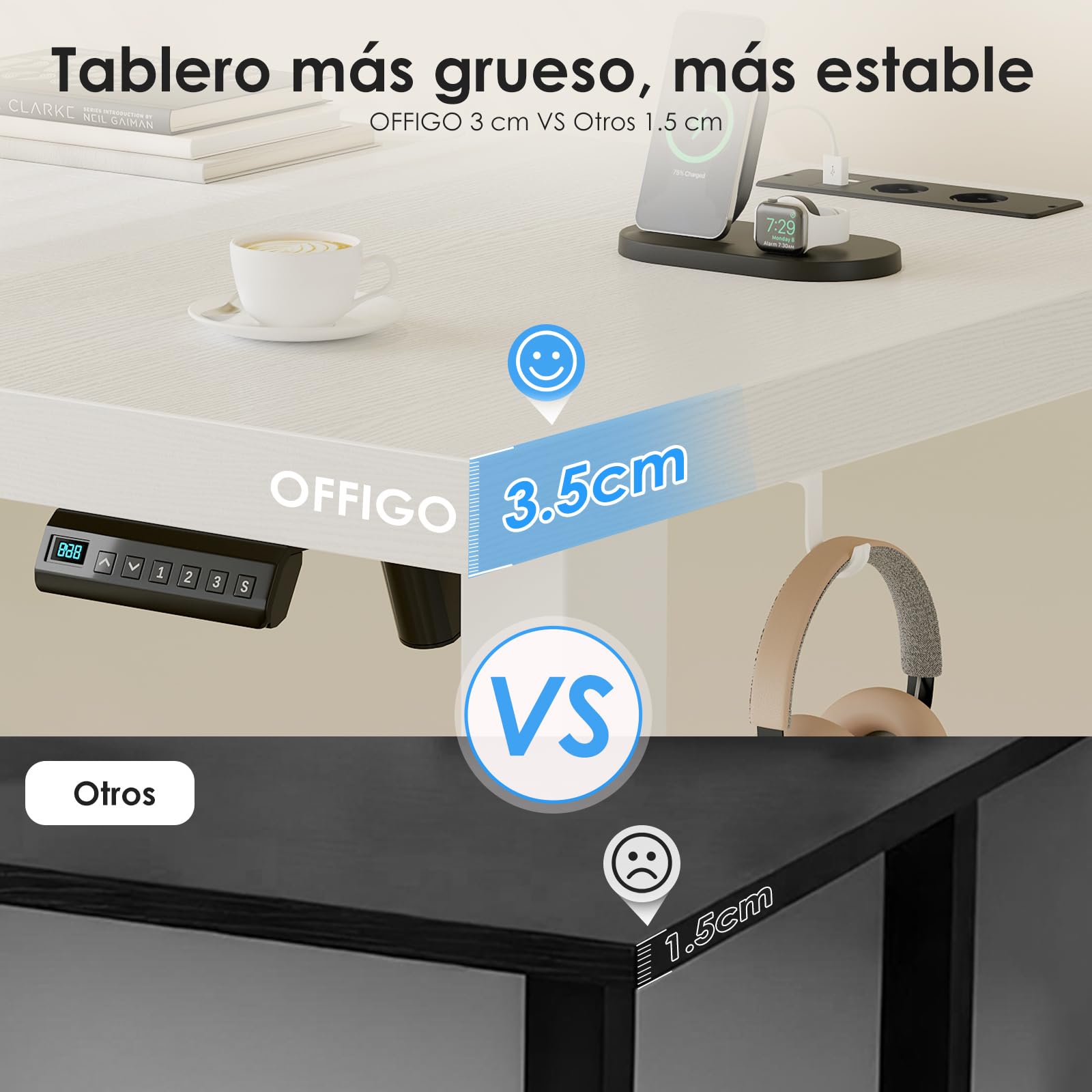 OffiGo Escritorio Regulable en Altura 180 x 70 cm, Tablero de 35 mm, Escritorio Eléctrico con Toma de Corriente, Standing Desk con Patas en T Estables, Ergonomía Oficina, Gaming, Blanco