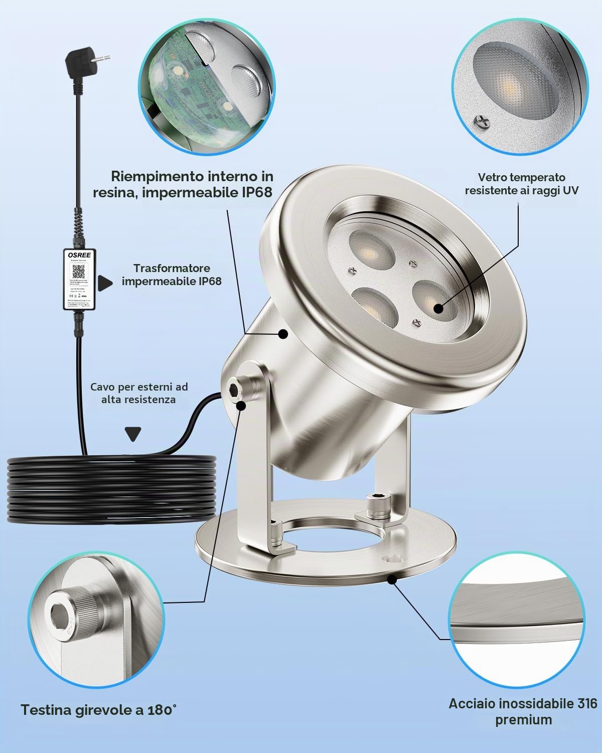 Luci per Laghetto Acciaio Inossidabile SS316, 6W Faretti per Laghetto con Cavo 9,5M e 12V Trasformatore, RGB Luci Laghetto Immersione per Laghetti da Giardino, Ruscelli, Stagni Koi, Cascate