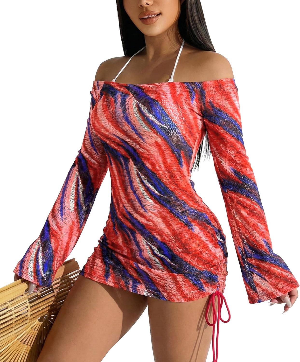 Summer Women's Sexy Mesh Hollow Out Off Shoulder Bathing Suit Coverups Long Bell Sl...