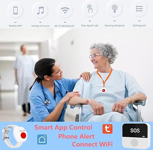 Miniatura 9 de Sistema de botón de llamada WiFi para cuidador, alerta de aplicación inteligente, botón de llamada de emergencia, alerta de ayuda personal en casa