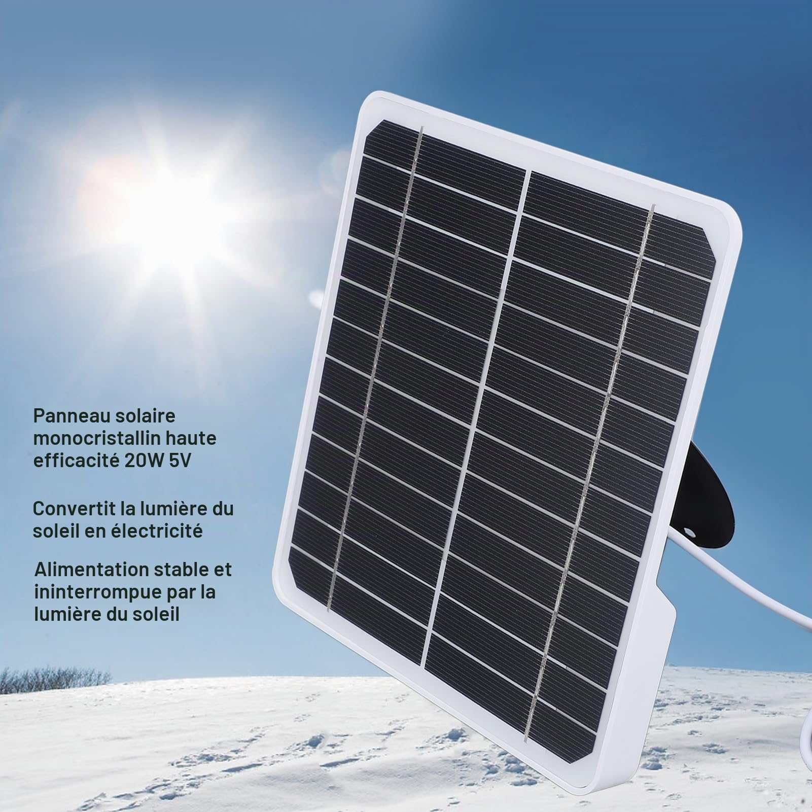 Panneau Solaire 20 W 5 V pour caméra de sécurité extérieure IP68 Chargeur Anti-Eau USB avec Support réglable Compatible avec caméra à Batterie Rechargeable Installation Facile