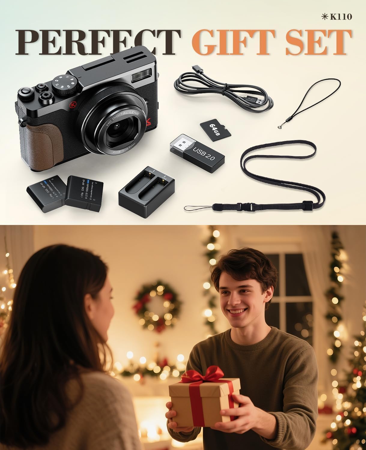 NBD K100C Digital Camera and included accessories: camera, two batteries, charger, 64GB SD card, card reader, USB cable, and shoulder strap.