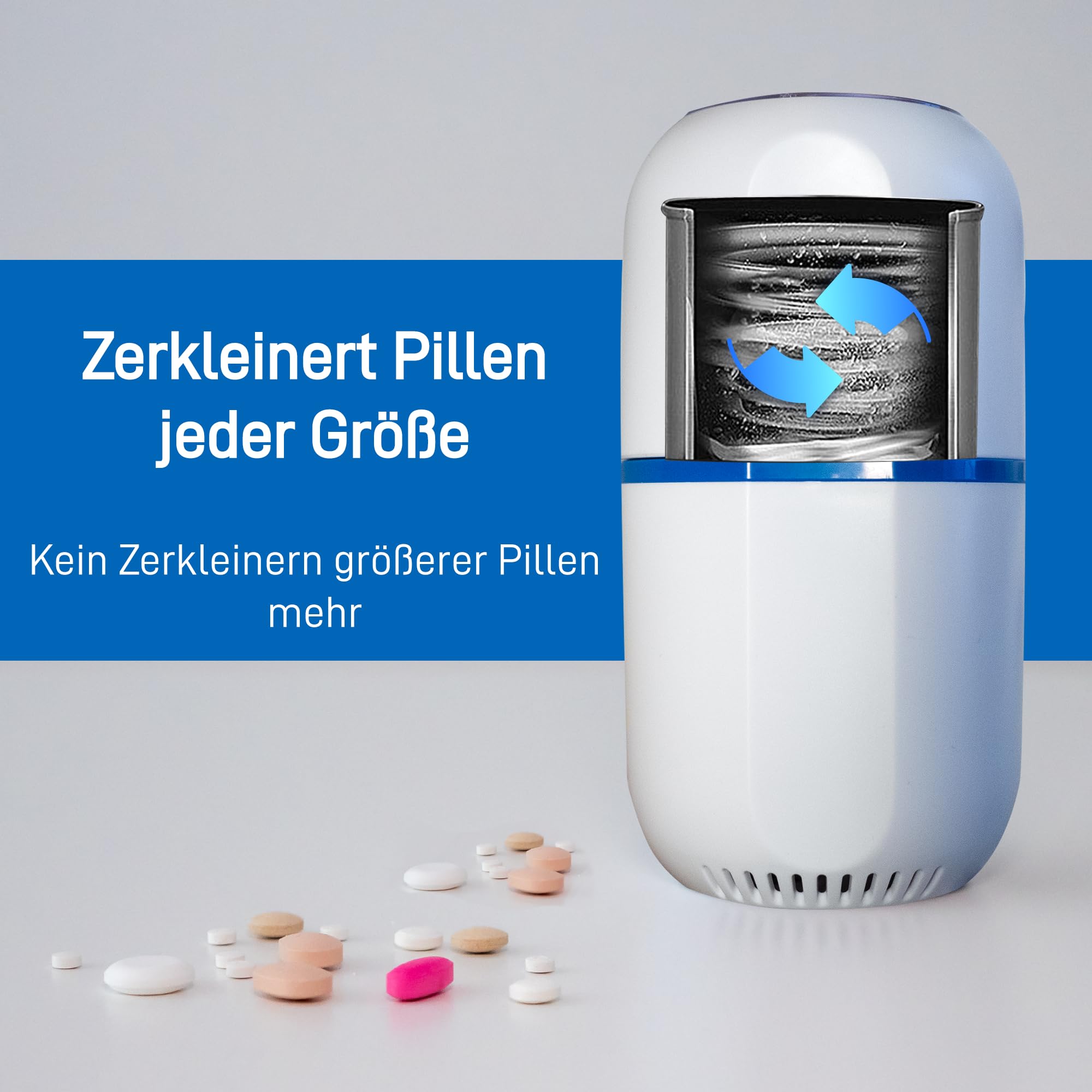 Elektronischer Pillen-Mörser - Feines Pulver Elektronischer Pulverisierer für kleine und große Medikamenten - Mit Pillen Organizer, Bürste, Löffel, Tuch und Edelstahlklingen von Pill Mill