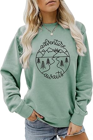 Adventure Awaits Sweatshirt, Camping Sweater Women Crewneck Pullover Tops Funny Nature Lover Shirt Gifts for Camper