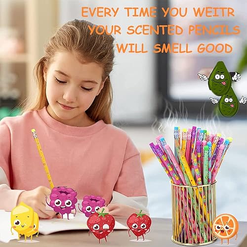 Miniatura 9 de JQSSHXB 120 lápices perfumados para niños, lápices perfumados con borradores, lápiz de grafito HB de frutas para la escuela, papelería, fiesta,