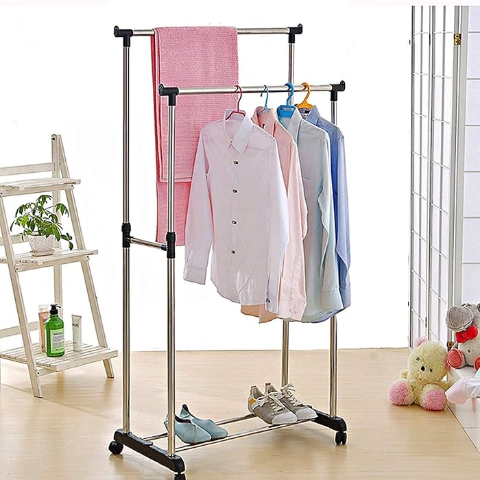 Buy Styleys Stainless Steel DoublePole Clothes Hanger/Rack, Rolling Bar Rail Rack, Light Weight
