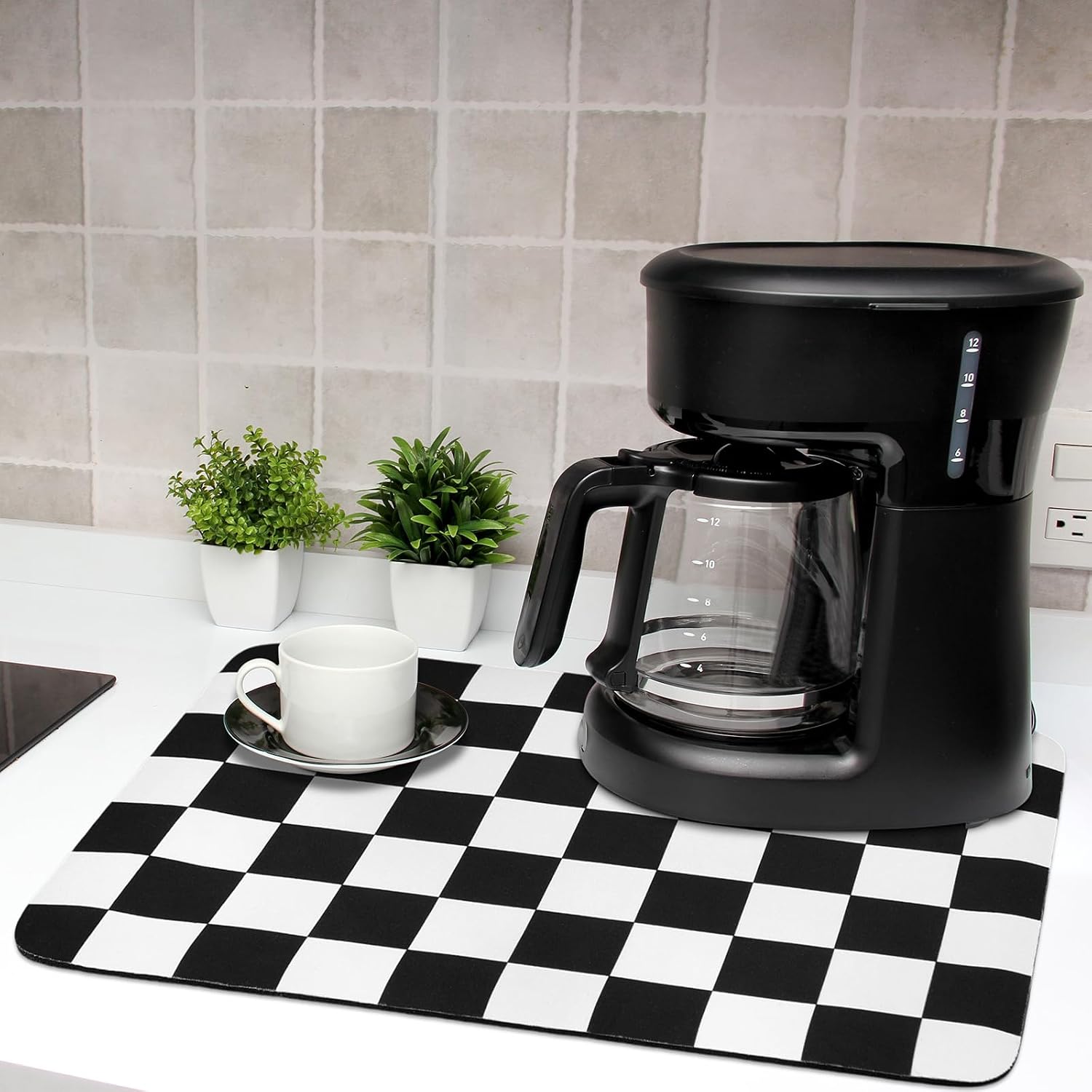 Tinideya Coffee Mat Checkered Dish Drying Mat for Kitchen Counter Coffee Bar Vintage Buffalo Dish Pad Absorbent Kitchen Drying Mat for Bar Station Accessories Easy Clean(Black,12 x 16 Inches)