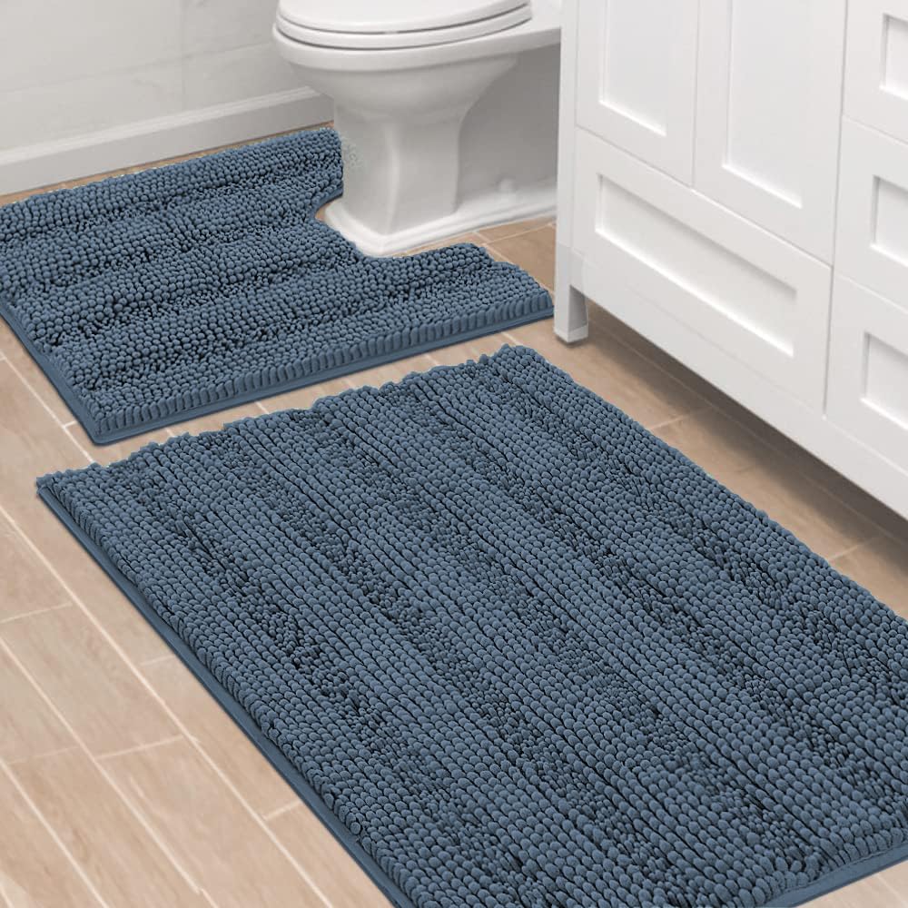 Photo 1 of H.VERSAILTEX Bathroom Rug Sets 2 Piece Bath Mats Non Slip Thick Soft Chenille Striped Bath Rug achine Washable Shower Floor Rugs for Tub, Shower and Floor (Blue Indigo, 36"x24" Plus 20"x24" U)
