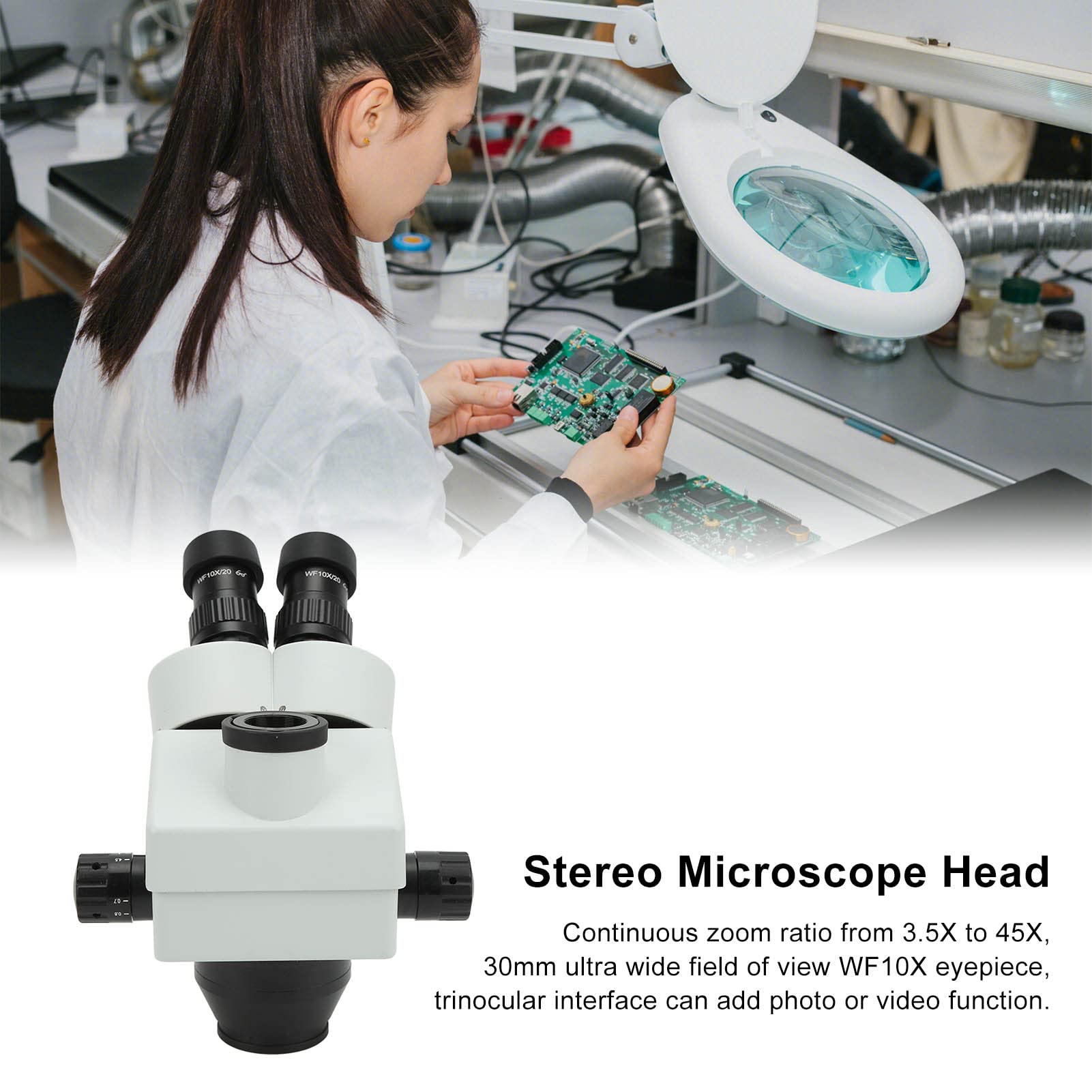 Cabezal de Microscopio Estéreo con Zoom, Cabezal de Microscopio Trinocular de Vidrio Metálico de 3,5X a 45X con WF10X 20 Oculares, Inclinación de 45 Grados, Rotación de 360 ​​para