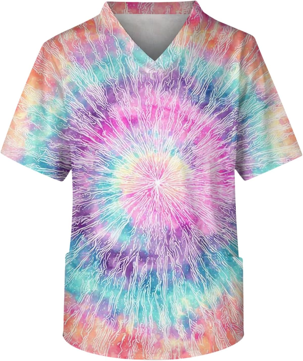 Men's Scrubs Top Tie Dye Print Short Sleeve Athletic Fit Work Uniform Scrub Shirt with Pockets