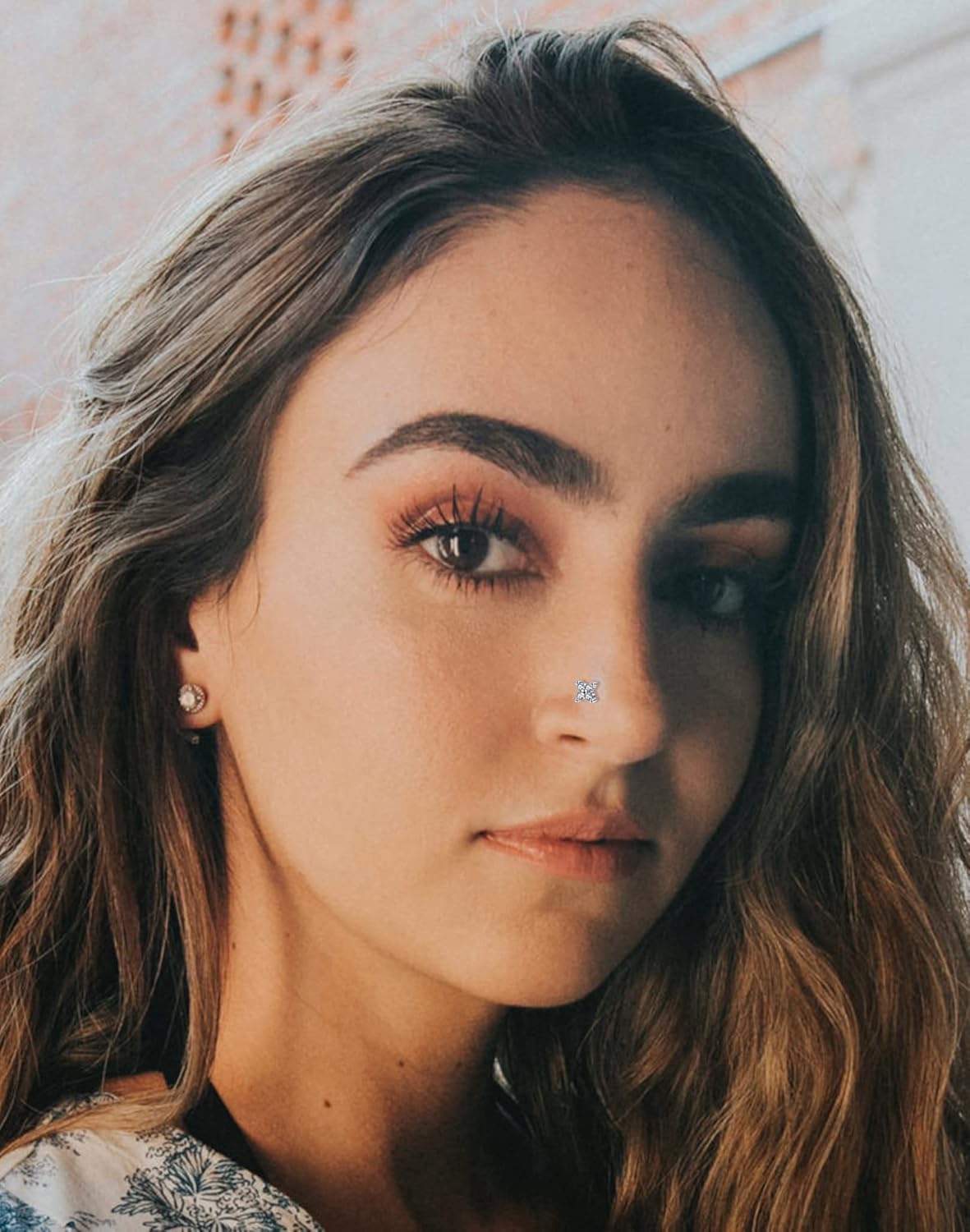 Akeoqi 12Pcs Nose Rings Stud L Shape Nose Rings Cubic Zirconia Butterfly Flower Eye Moon Crown Heart Lightning Shape Nose Studs Piercing Jewelry for Women Men Silver Gold Plated 20G - Image 4