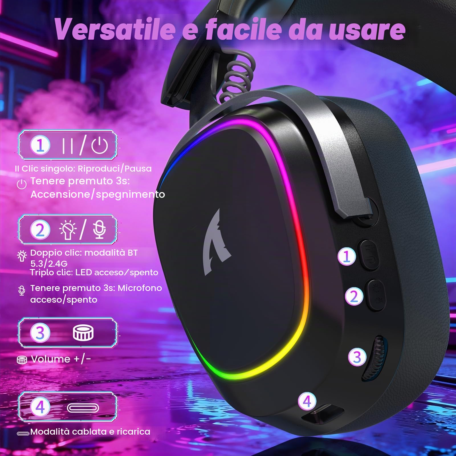ATTACK SHARK G800 Cuffie Gaming Wireless, Batteria 1000 mAh, Microfono Rimovibile, Telaio in Alluminio, Audio Surround 3D, Latenza 20 ms, Driver 50 mm, 3 Modalità 2.4G/Bluetooth/Cablata