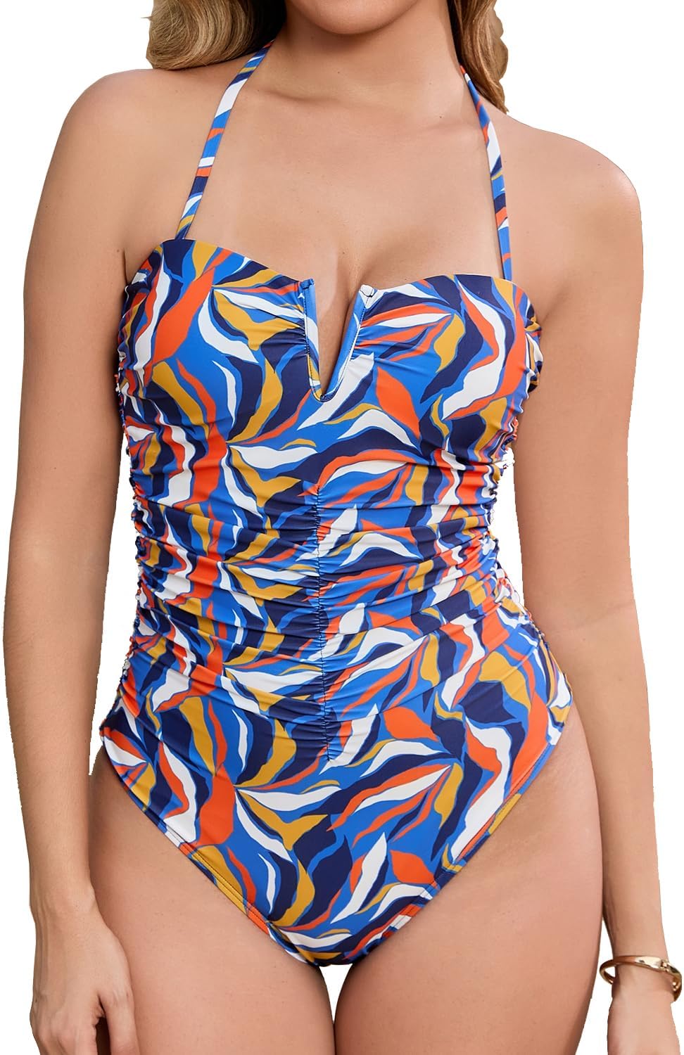 HAIVIDO Women's One Piece Swimsuits Tummy Control Bathing Suit Removable Halter Strap V Neck Ruched Padded Bandeau Swimwear