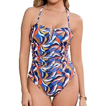 Womens Tummy Control Ruched One Piece Bandeau Swimsuit | Deep V Neck, Halter Design, Removable Cups, Detachable Straps, Open Back, Sexy Style, Shaping Fit, Beach Vacation