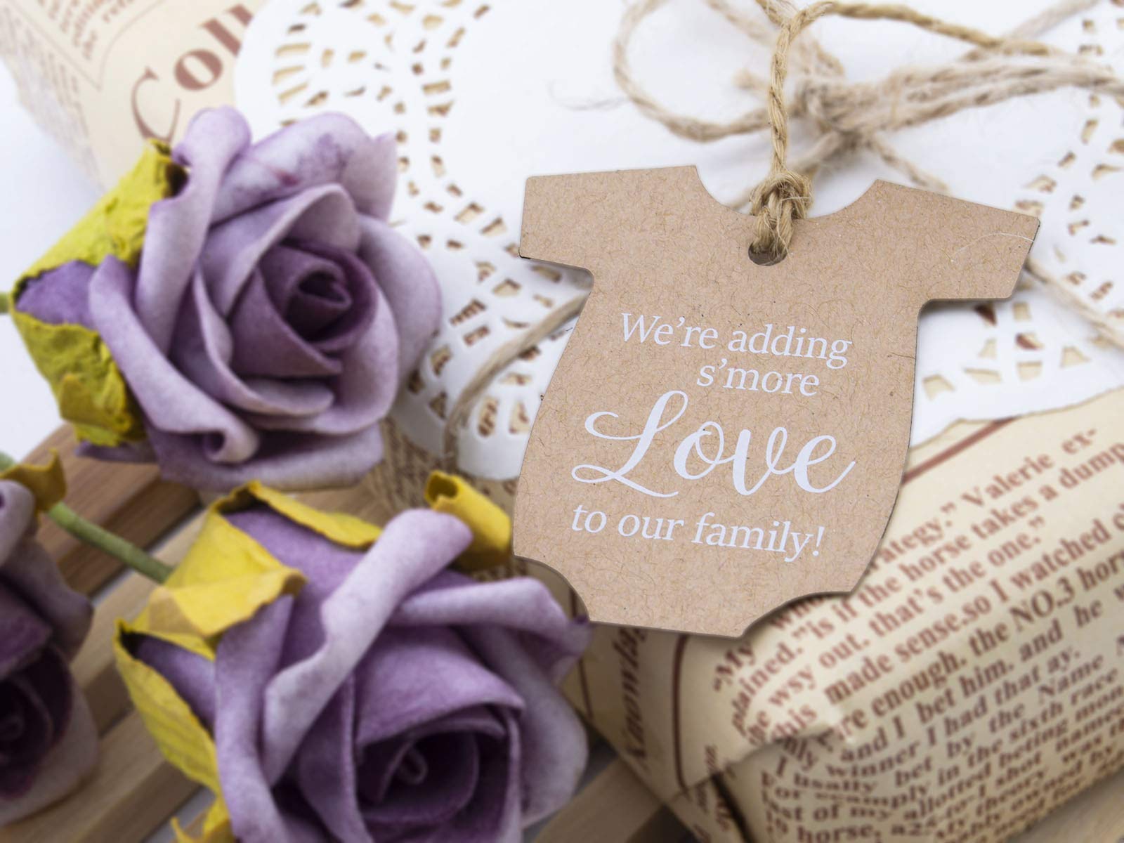 Summer-Ray 50pcs Baby Onesie Adding S'More Love to Our Family Baby Shower Favours Gift Tags Thank You Tags (Kraft) - Image 3