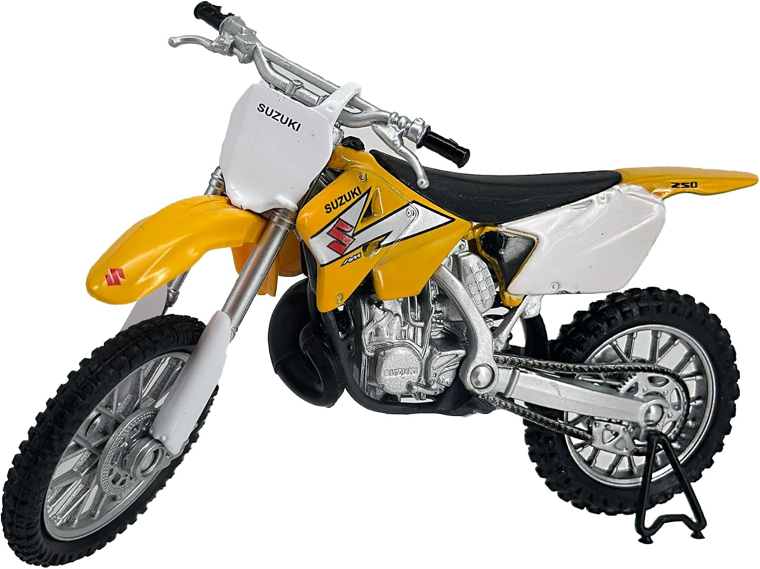 Welly Suzuki RM250 Motocross Replica, Yellow, 1:18 Scale | Officially Licensed Metal Collectible With Rubber Tires, Adjustable Steering and Folding Kickstand for Display