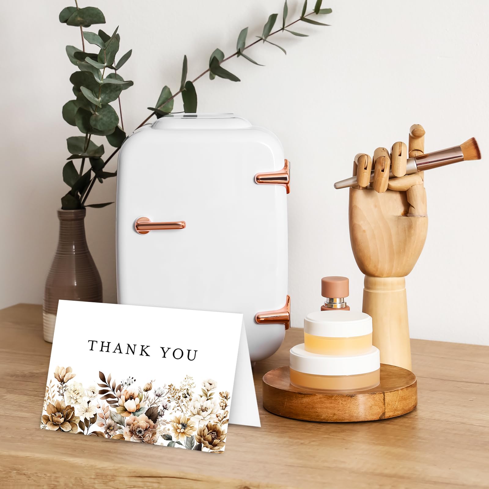 AnyDesign Paquete de 36 tarjetas de agradecimiento de flores a granel, tarjetas de agradecimiento florales marrones con sobres y calcomanías, hojas florales, tarjetas de felicitación en blanco para