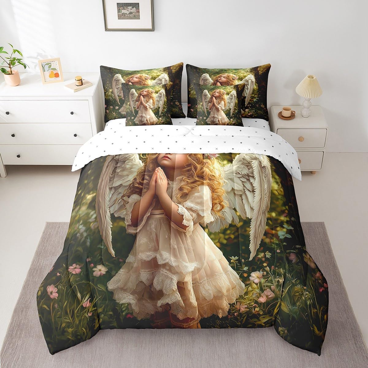 Erosebridal Anime Angel Girl Bedding Set 7-Piece 3D Baby Angel Comforter Set King Size Little Angel Bed in a Bag Dreamy Fairy Tales Quilt with Flat Fitted Sheet Jungle Scenery Decor
