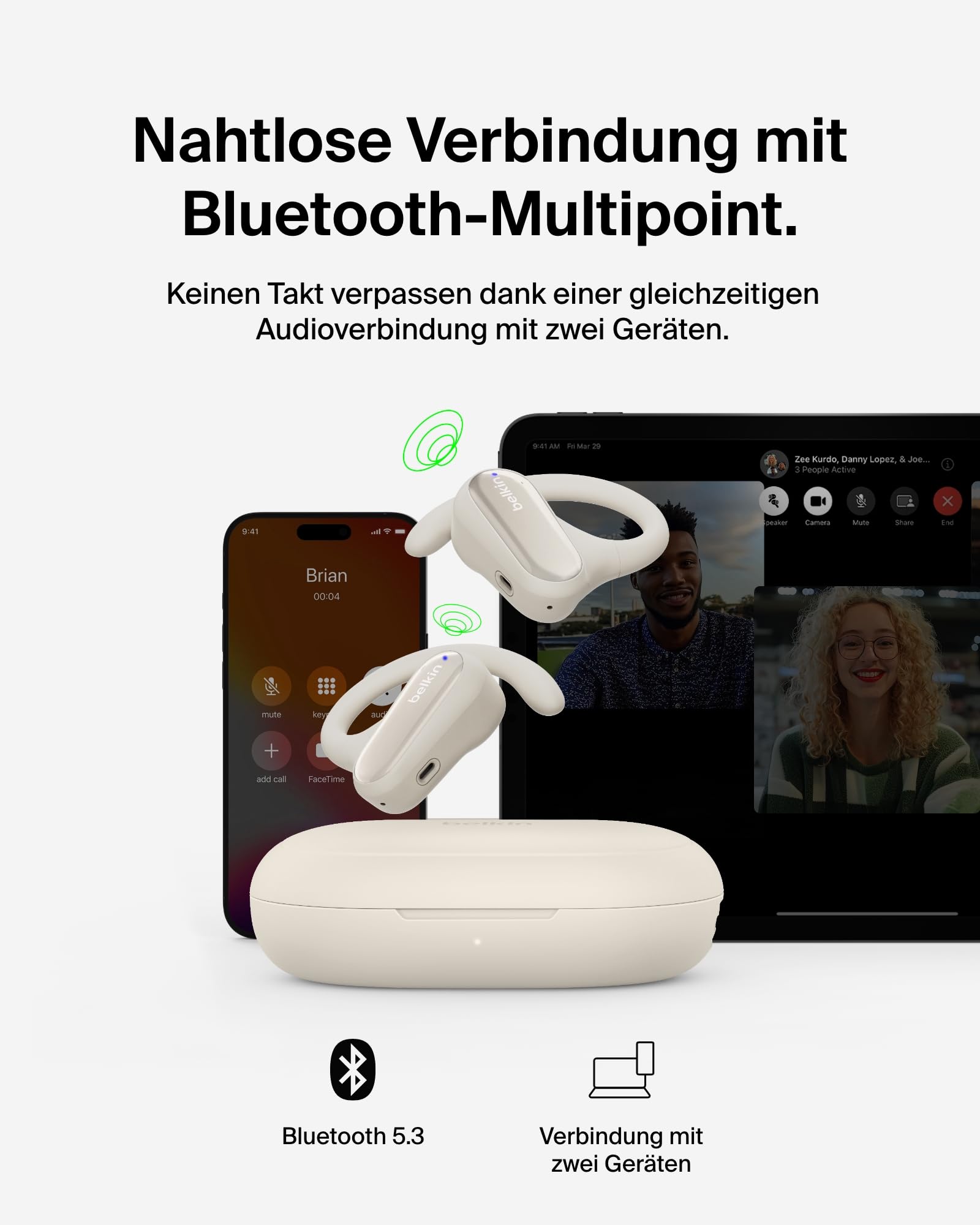 Belkin SoundForm ClearFit kabelloser Open-Ear Kopfhörer, leichter, bequemer Sportkopfhörer, Kopfhörer kabellos Bluetooth und wasserfest nach Schutzart IPX5, zum Wandern, Radfahren, Joggen – Sandfarben
