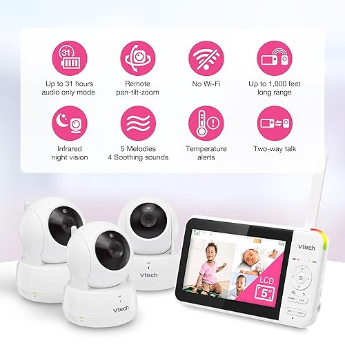 Miniatura 2 de VTech Monitor de video para bebés con 3 cámaras, pantalla LCD de 5 pulgadas, video de hasta 17 horas y batería de audio de 31 horas, visión