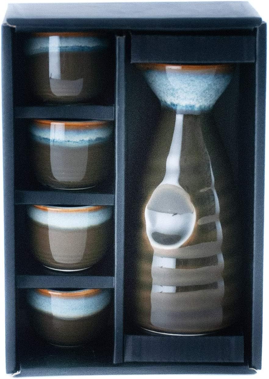 Happy Sales, Perfect 5 pc Japanese Design Ceramic Sake set, Tokkuri 10 fl oz Bottle with Four Sake Ochoko Cups 2 fl oz