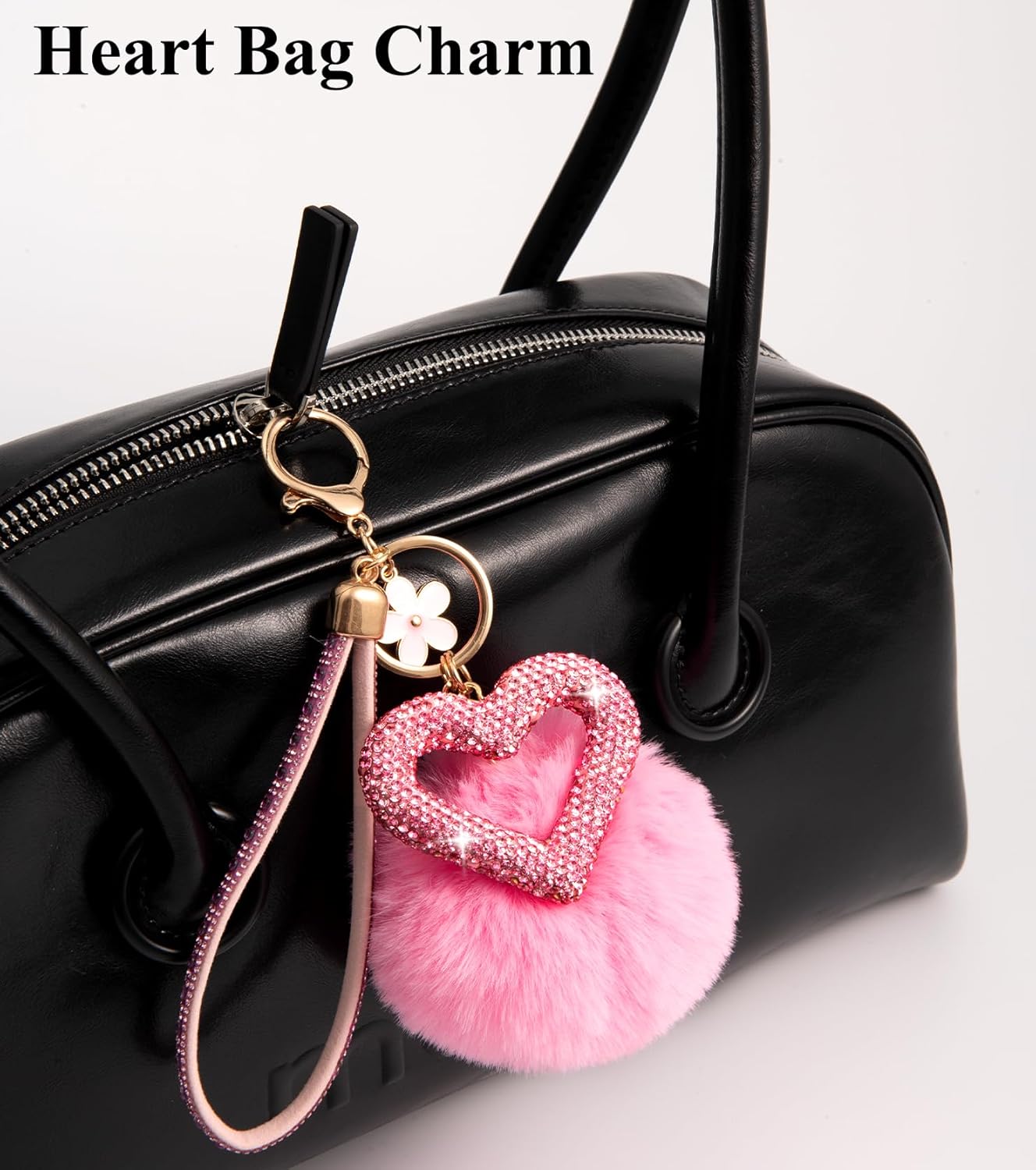 Cute Heart Keychains for Women, Bling Key chain Accessories Girly Wristlet Keychain for Car Keys, Backpack pom pom - Image 3