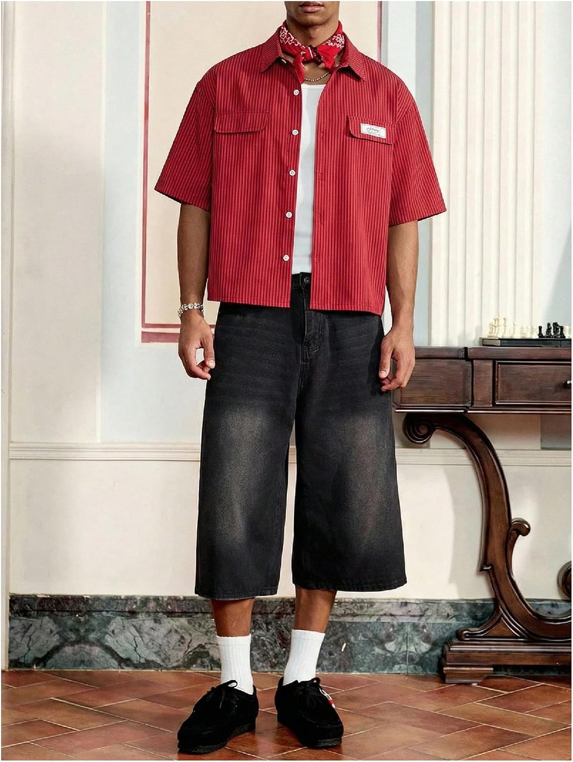 VIPWOLF Men's Oversized Cropped Shirts Striped Button Down Hip Hop Streetwear Summer Short Sleeve Boxy Tops