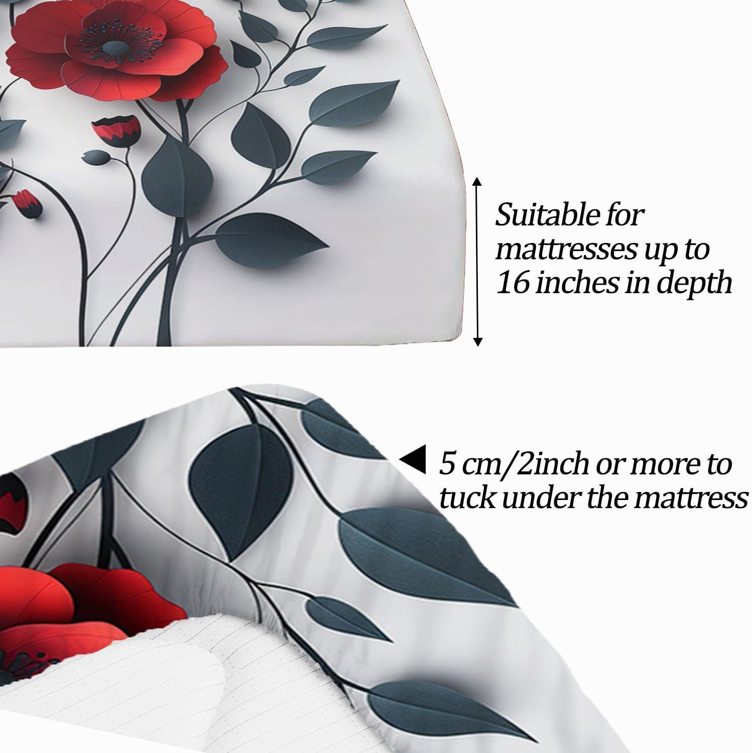 Print Fitted Sheet Set Queen Size for Kids Boys Girls, Bed Sheets Red Poppy Flower Pattern Fitted Sheet Adults Flat Sheet Soft Luxury, Home Room Decor 4Pcs