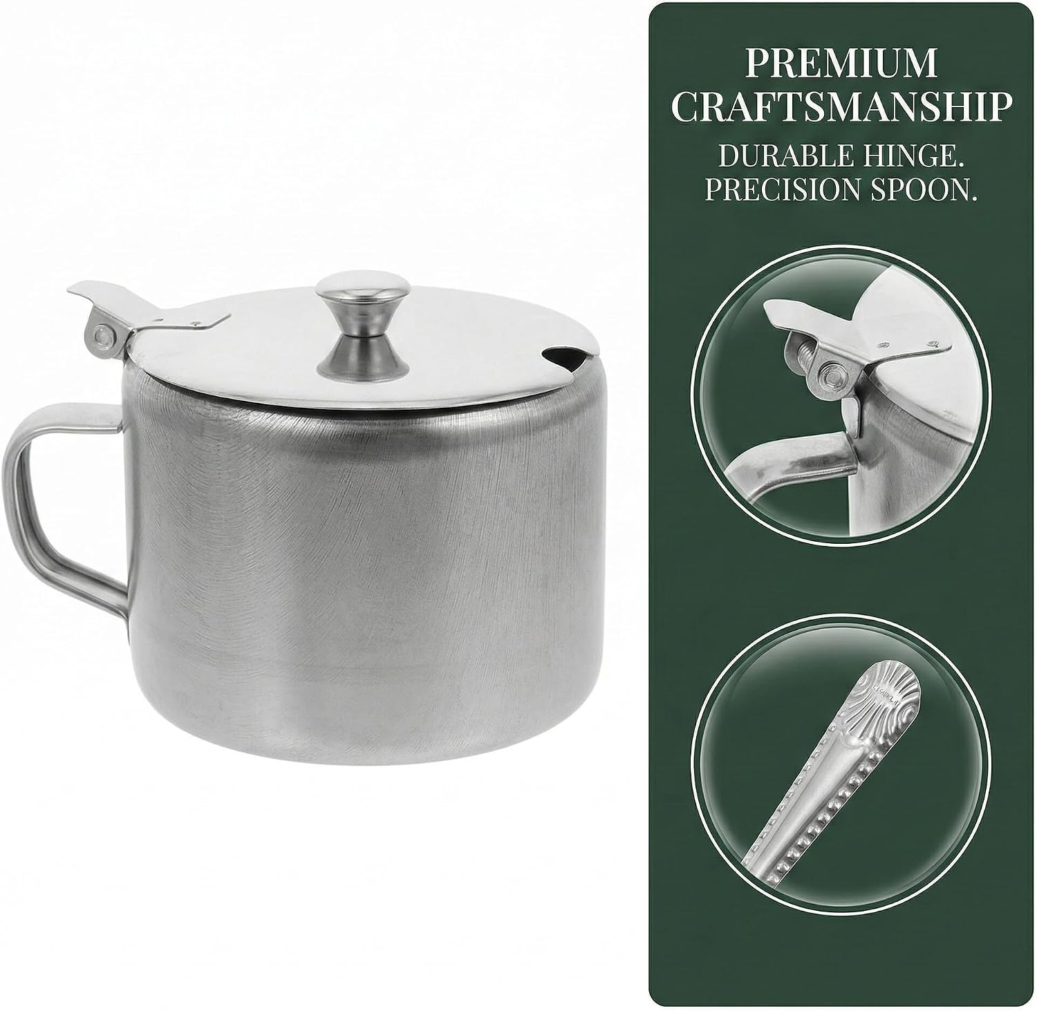 Cabilock Stainless Steel Sugar Bowl with Lid and Spoon - 10oz Compact Condiment Jar & Spice Container for Countertop - Farmhouse Salt Cellar for Kitchen, Coffee Bar, and Dining Table (Silver)