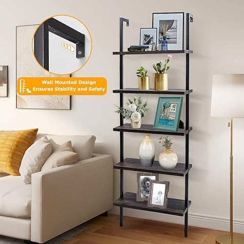 Miniatura 5 de Estantería de escalera de 5 niveles para montar en la pared, estantería de escalera con marco de metal y estante de madera, estantería de