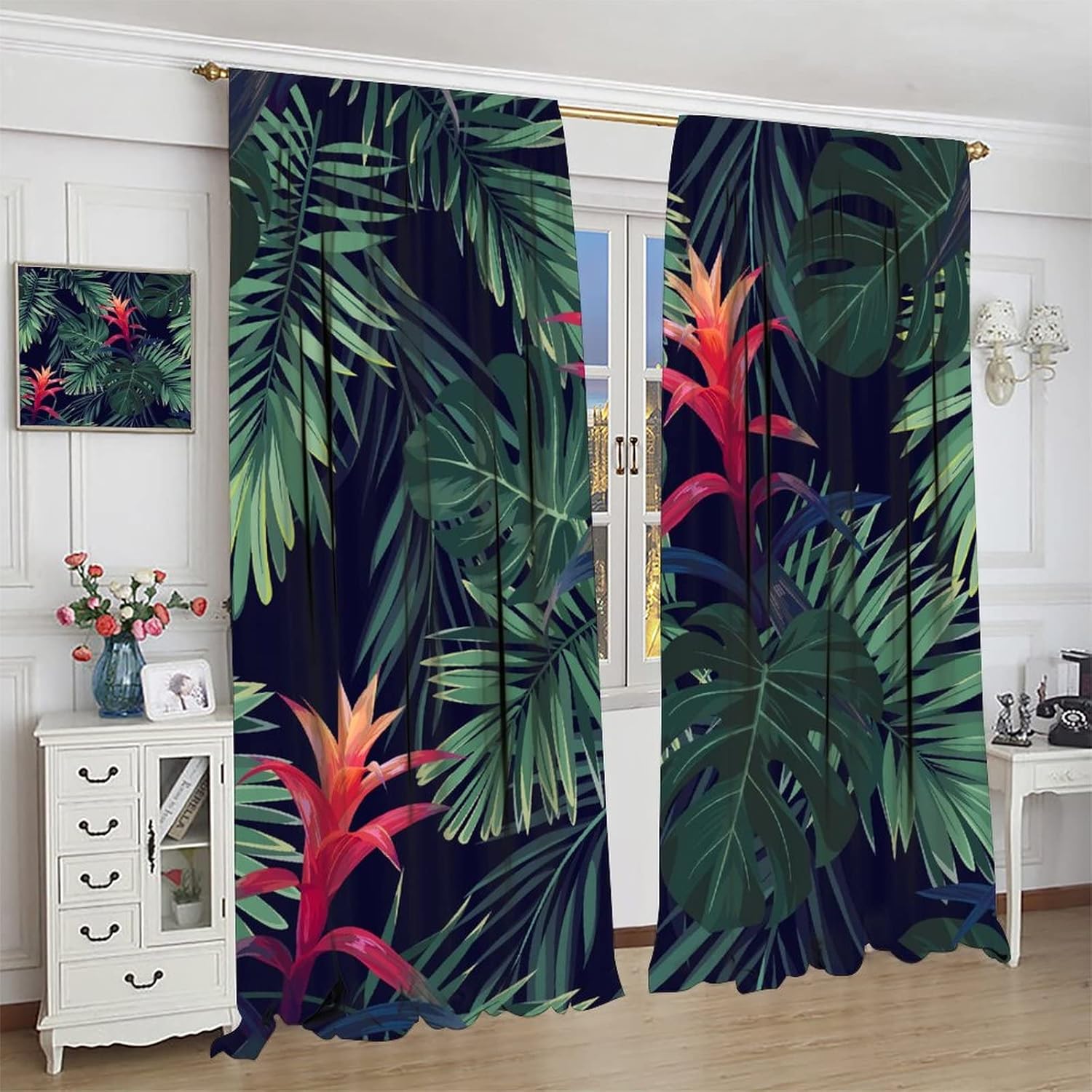 Tropical Jungle Curtains Summer Palm Leaves Jungle Colorful Flowers Theme Rod Pocket Blackout Window Drapes 2 Panels Set for Bedroom Living Room Decor 42x54in