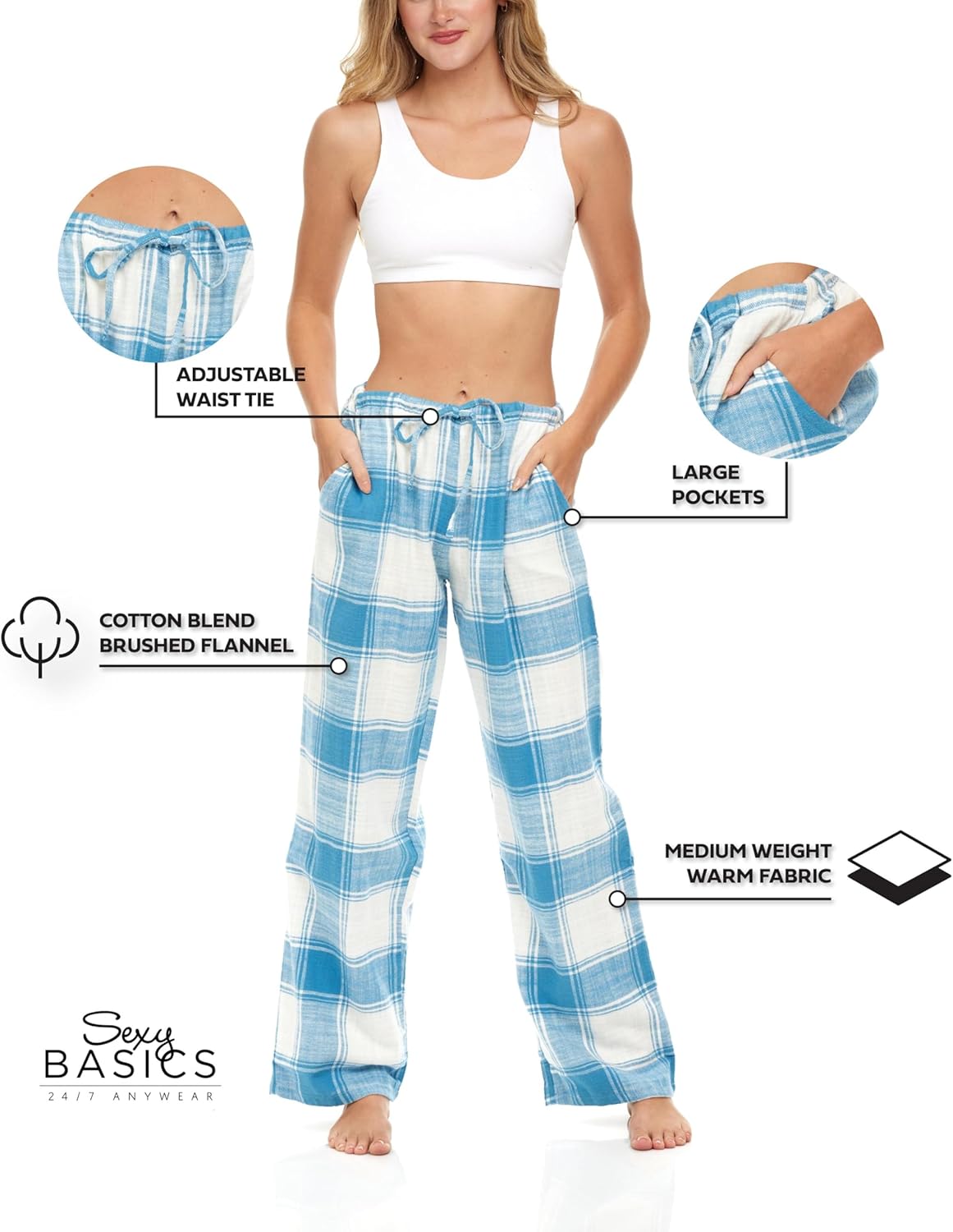 Sexy Basics Women's Lounge & Sleep PJ Pants | Soft Flannel Brush Long Bottoms |Drawstring & Pockets | Multi Packs - Image 5