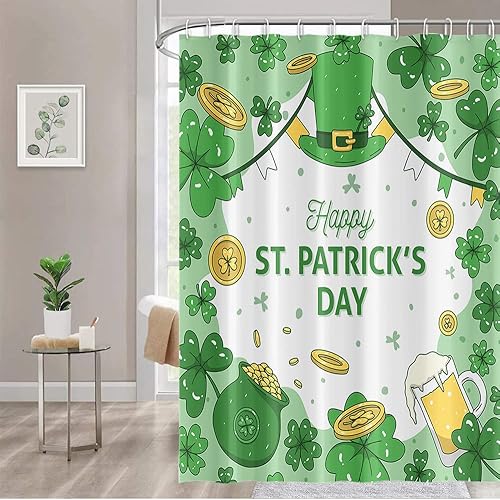 Umpoo Cortina de ducha para el día de San Patricio sombrero de trébol verde monedas doradas cortina de ducha de vidrio de cerveza juego de