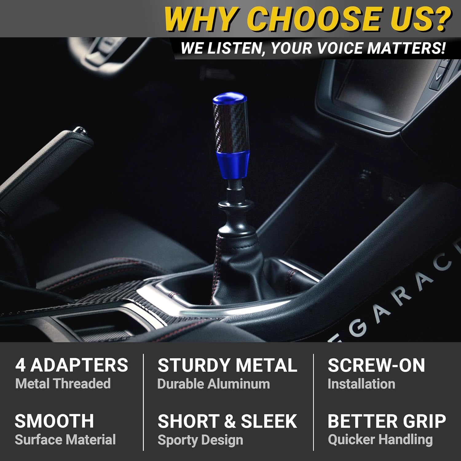 Premium Royal Blue Carbon Fiber Shift Knob - 4 Metal Threaded Adapters, 4 5 6 Speed Manual & Buttonless Automatic Transmission, Weighted Gear Stick Shifter Knobs (M8, M10x1.25/1.5, M12x1.25) JDM Style