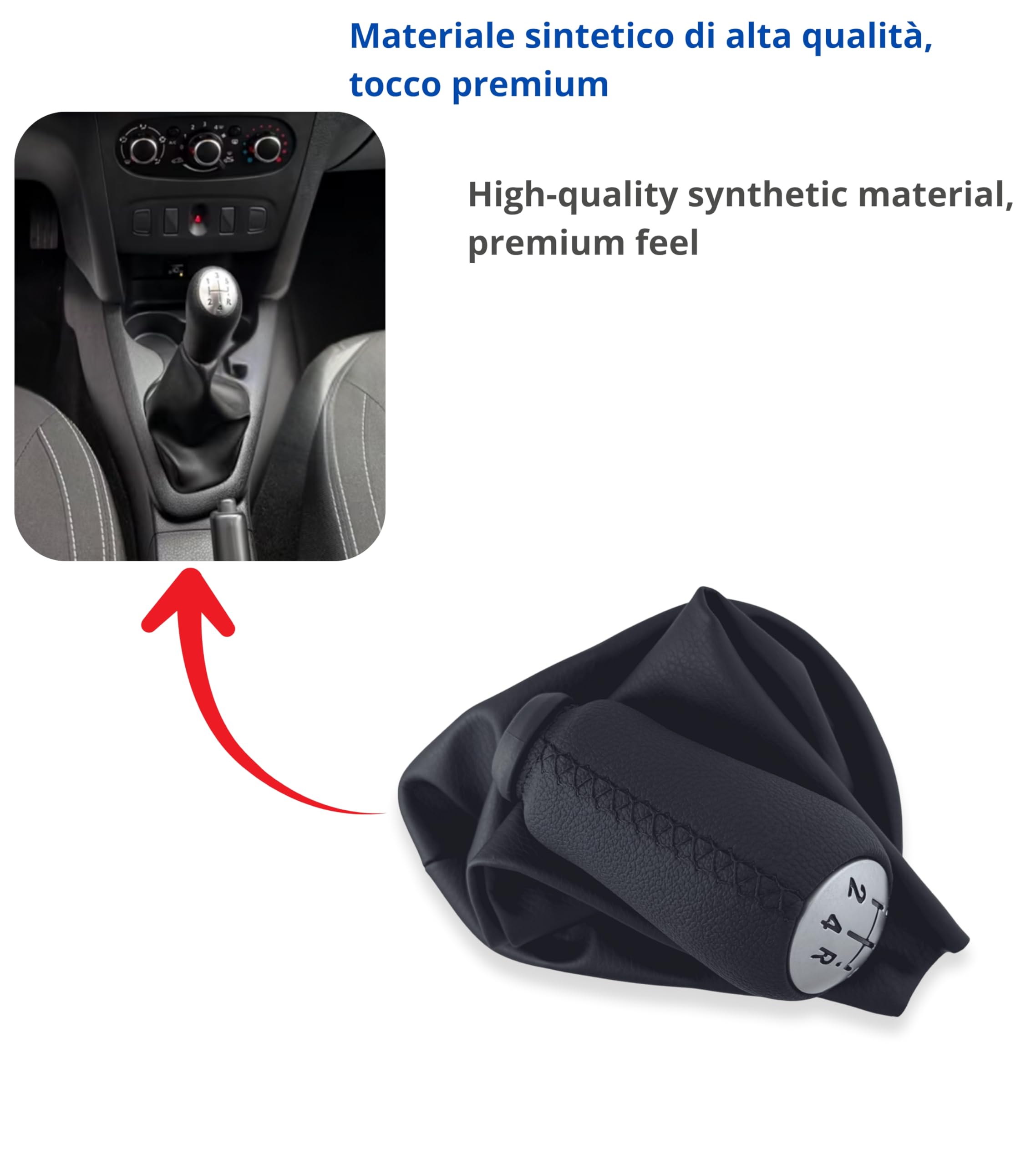 1neiSmartech Kit Schaltknauf 5 Gang und Schaltsack mit Ring kompatibel mit Dacia Logan MCV II 2013-2022, OEM 969356242R, Set Farbe Schwarz mit schwarzen Nähten