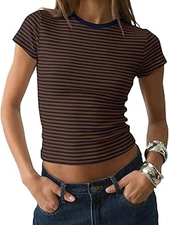 Women Preppy Cute Colorblock Striped Short Sleeve Cropped Tshirts Fitted Crewneck Crop Tee Tops Y2k Teen Clothes
