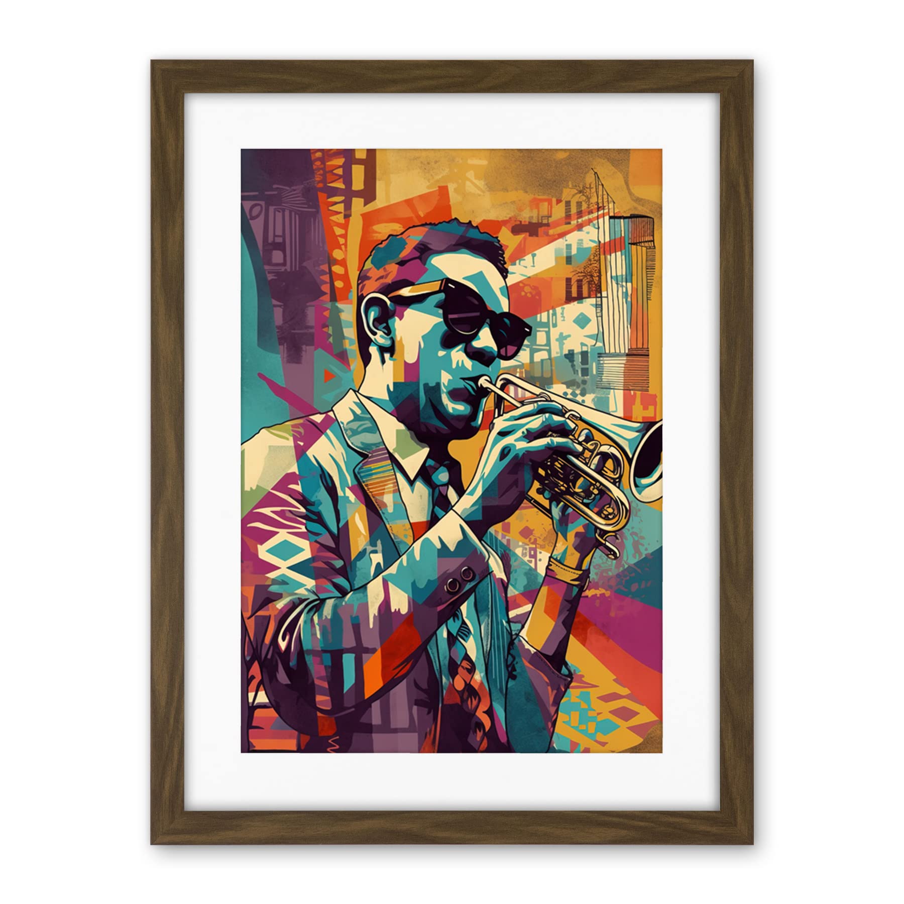 Artery8 Trumpet Player Jazz Musician with Sunglasses Modern Colour Linocut Print Artwork Framed Wall Art Print 18X24 Inch