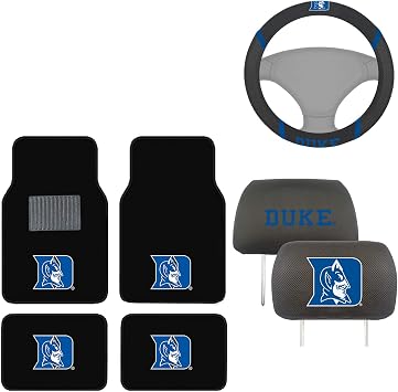 Aac FANMATS NCAA Carpet Floor Mats Bundle with Head Rests and Steering Wheel Cover for Duke Blue Devils Fans Officially Licensed7 Items