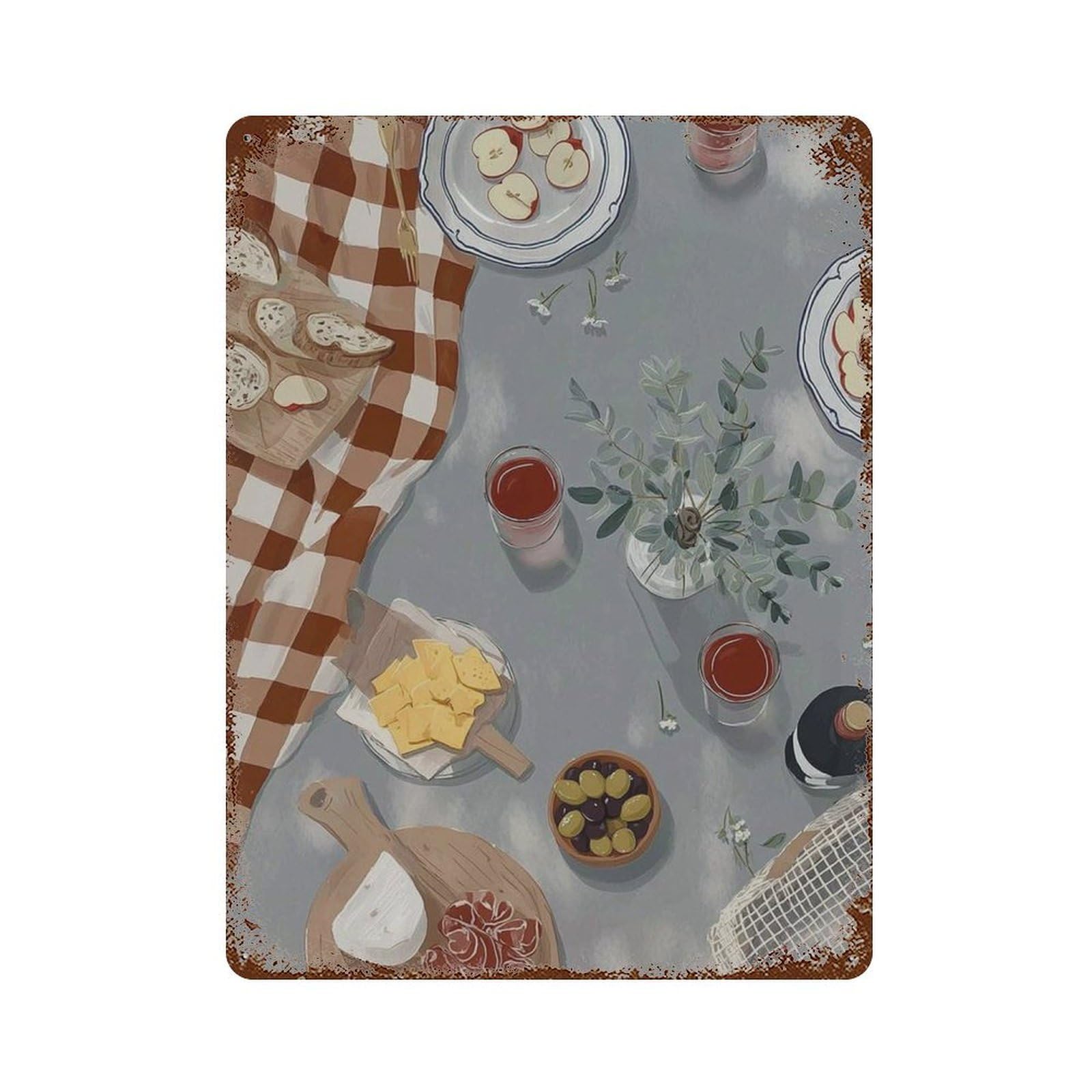 xiaoxiaoshen Picnic Rustic Kitchen Wine And Cheese Dining Room Still Life Work Mediterranean Wall Decor Art Metal Tin Poster Modern Home Decor Art Home Bar Shop Decorations Vintage Sign 40x30cm