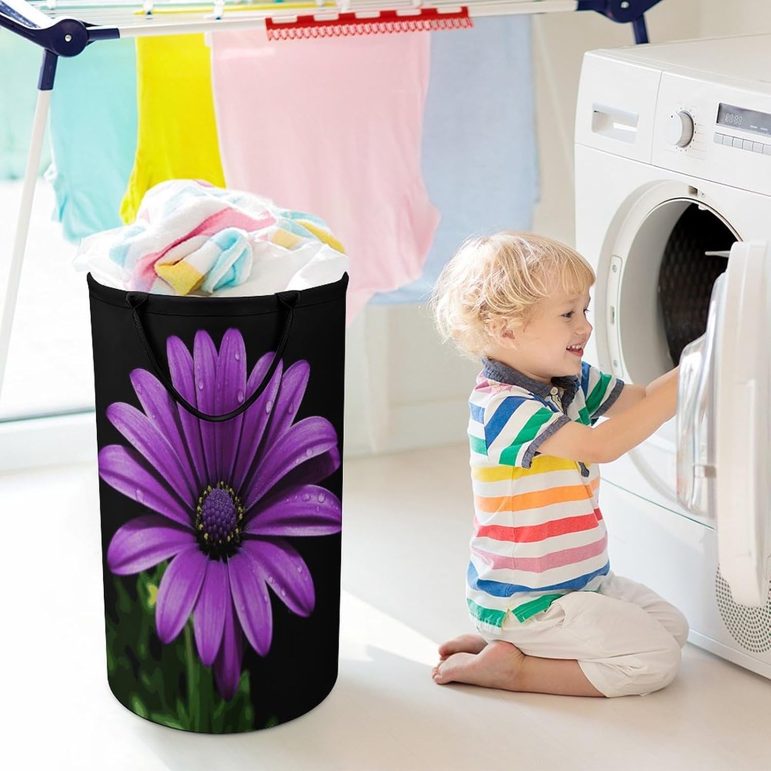 Purple DaisyLaundry Hamper - Large Dirty Clothes Bag.Storage Basket for Easy Carry Handles. Large Clothes Basket with Handles, Clothing Storage Bucket Toy Organizer for Bathroom Bedroom Dorm.