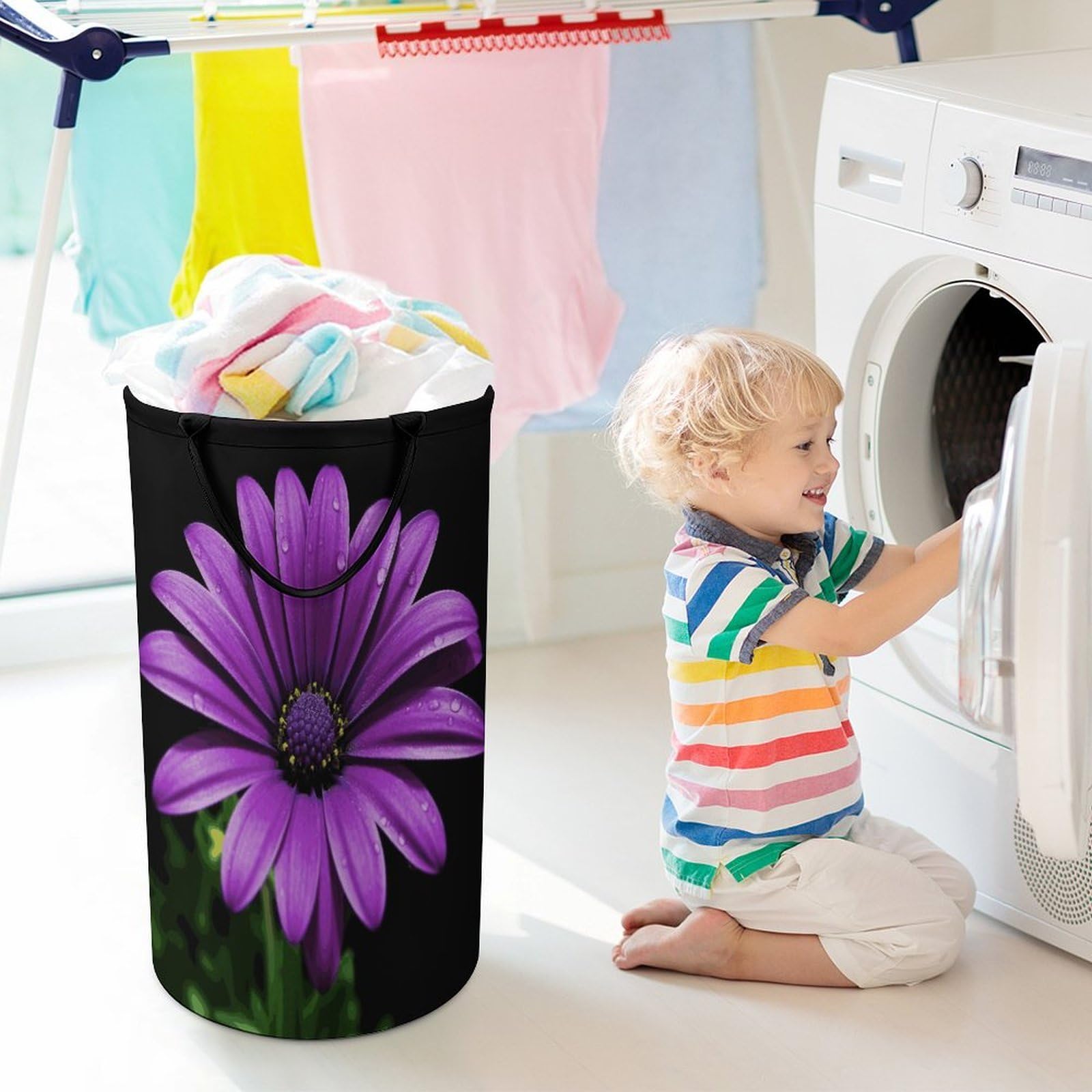 Cesta para ropa sucia de margaritas moradas, bolsa grande para ropa sucia. Cesta de almacenamiento para asas de fácil transporte. Cesta grande para ropa con asas, cubo de almacenamiento de ropa