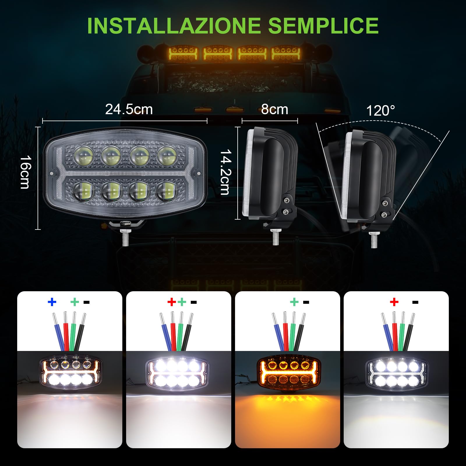 126W Faro da Lavoro LED con DC12-48V Luce di Posizione Giallo 3200K e Bianco 6500K, IP68 Faro LED per Camion Trattori e Fuoristrada