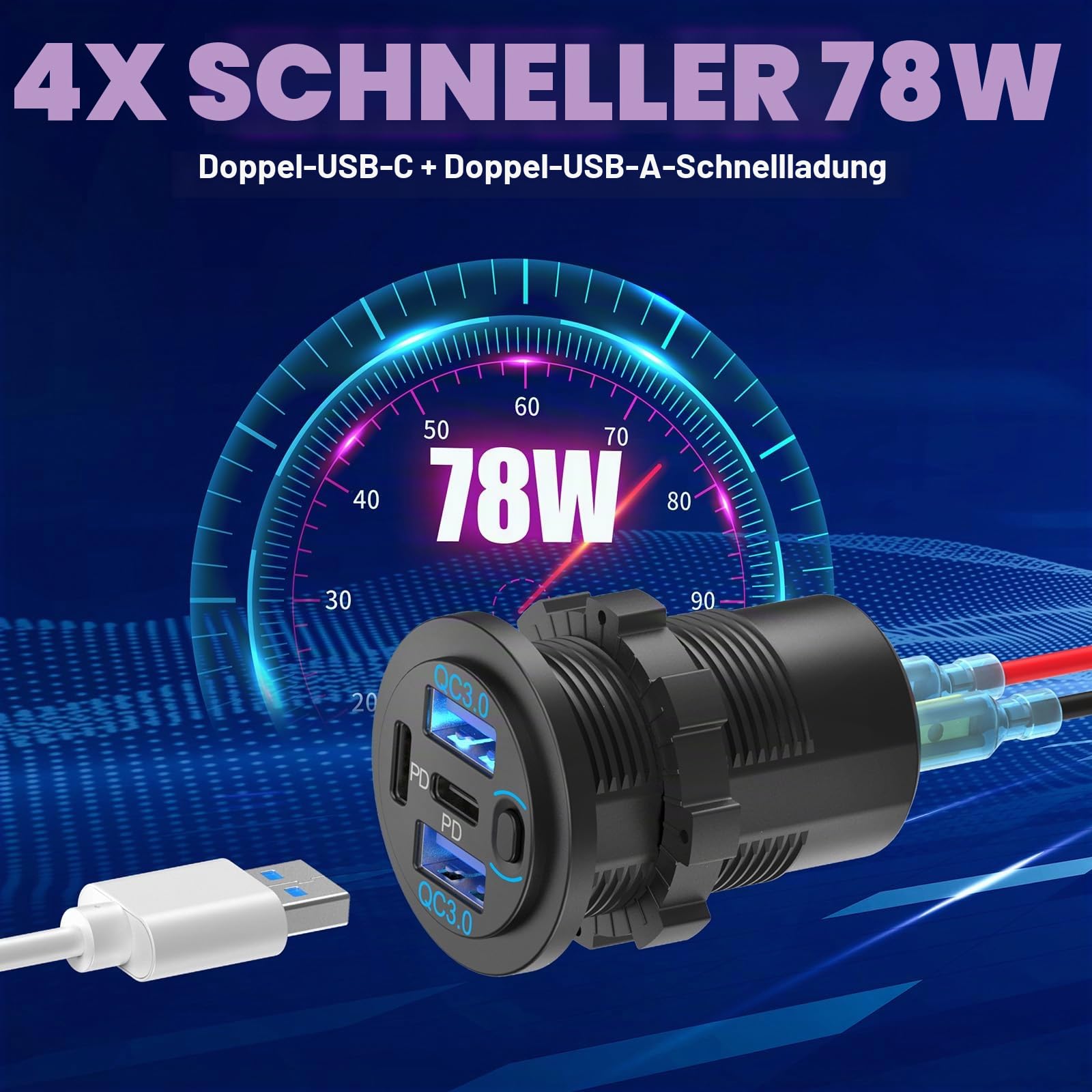 78W 12V USB-Steckdose Auto-Ladegerät, Superschnell Zweifach PD3.0 & QC3.0 Mehrere USB-Anschlüsse für Auto, USB C Zigarettenanzünder-Ersatz 12-Volt-Steckdose Wasserdicht für Marine Boot Motorrad